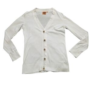 Tory Burch Sweater Gold Logo Button Cardigan Sweater Cotton White Size Small